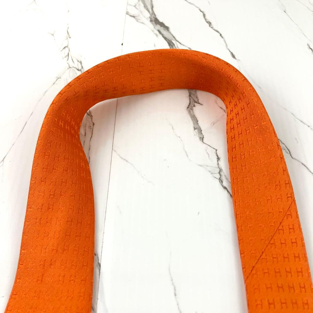 美品　エルメス　ネクタイ　ファソネ　H織　ソリッド　ジャガード　オレンジ