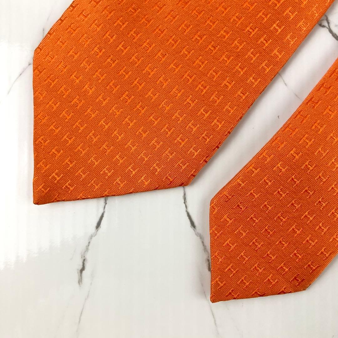 美品　エルメス　ネクタイ　ファソネ　H織　ソリッド　ジャガード　オレンジ