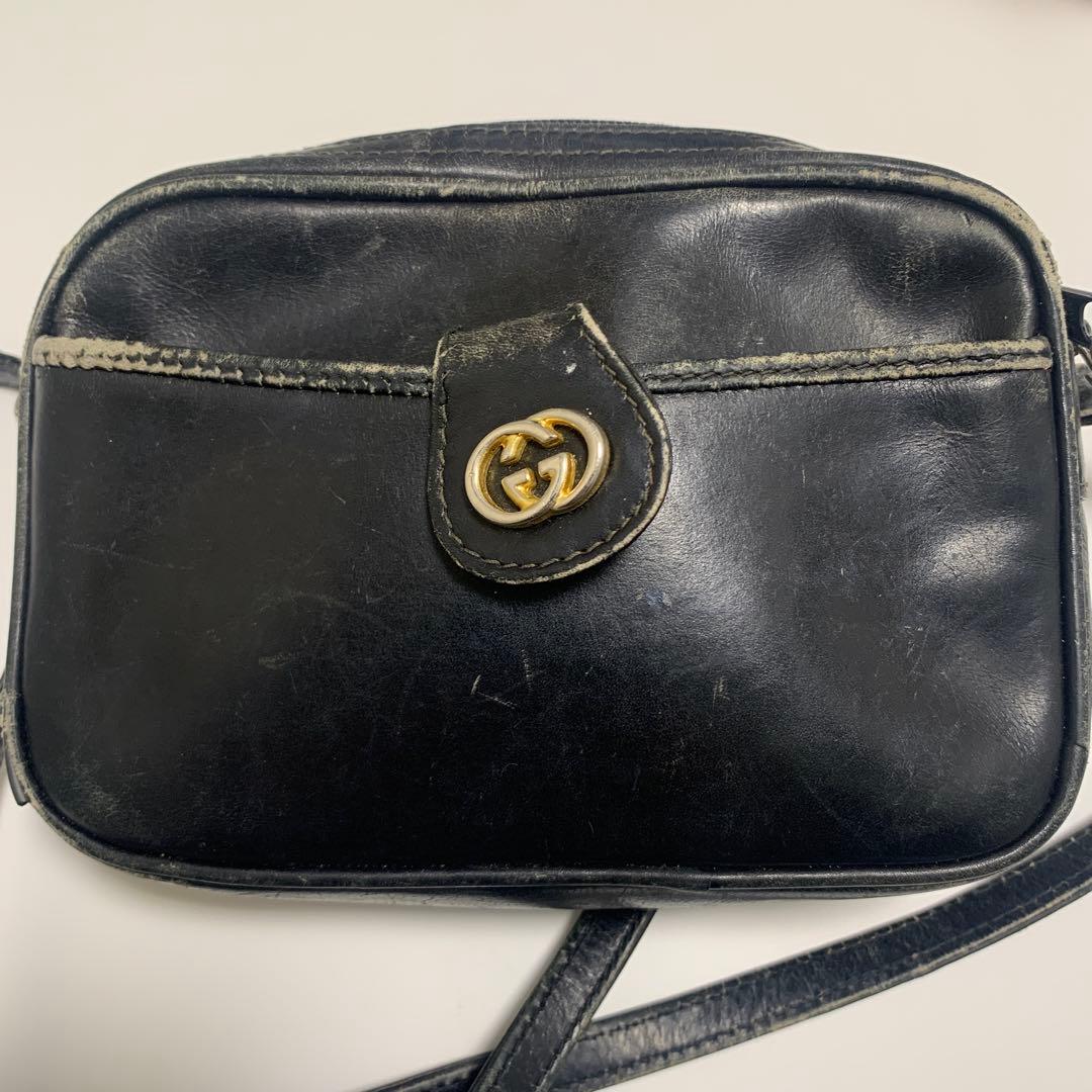 ヴィンテージ　1970年代　Gucci 黒 レザー ショルダーバッグ