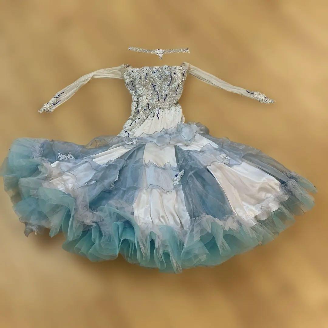 社交ダンス スタンダードドレス 水色 Sサイズ 着丈約114 サピエル