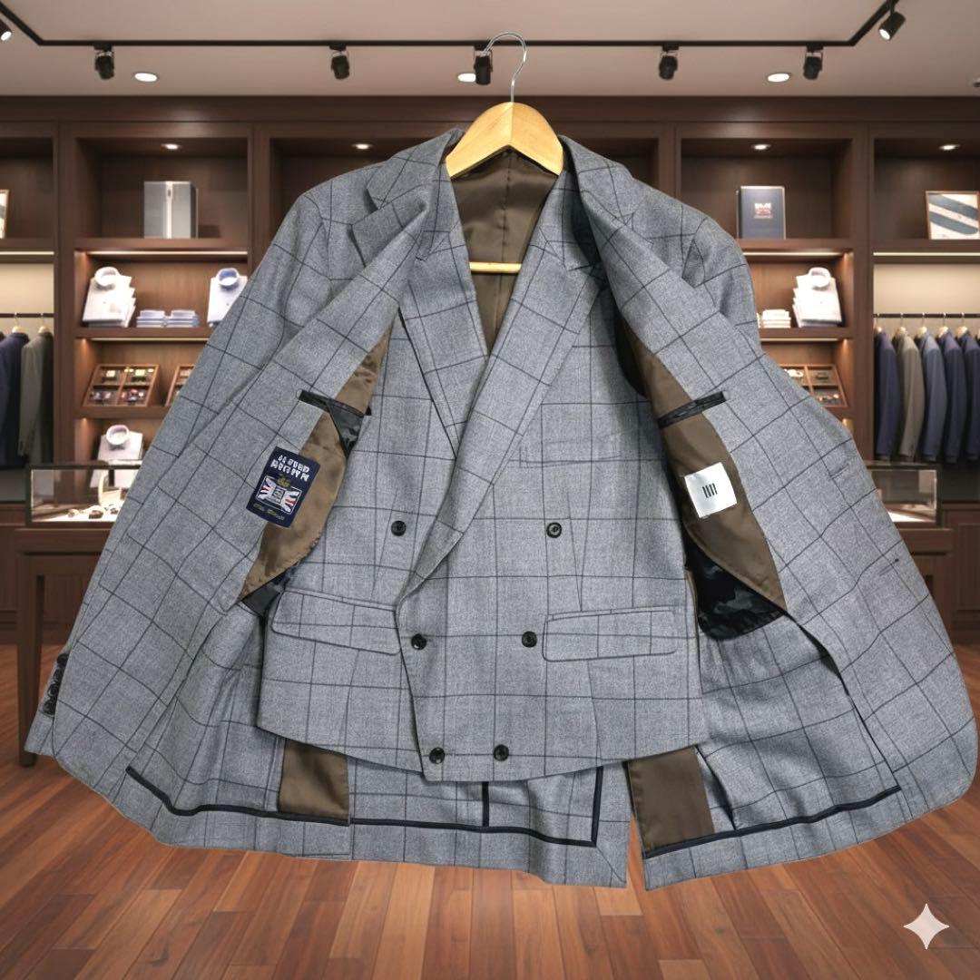 スーツセレクト スリーピーススーツ ライトグレー チェック柄 Y5 フォーマル