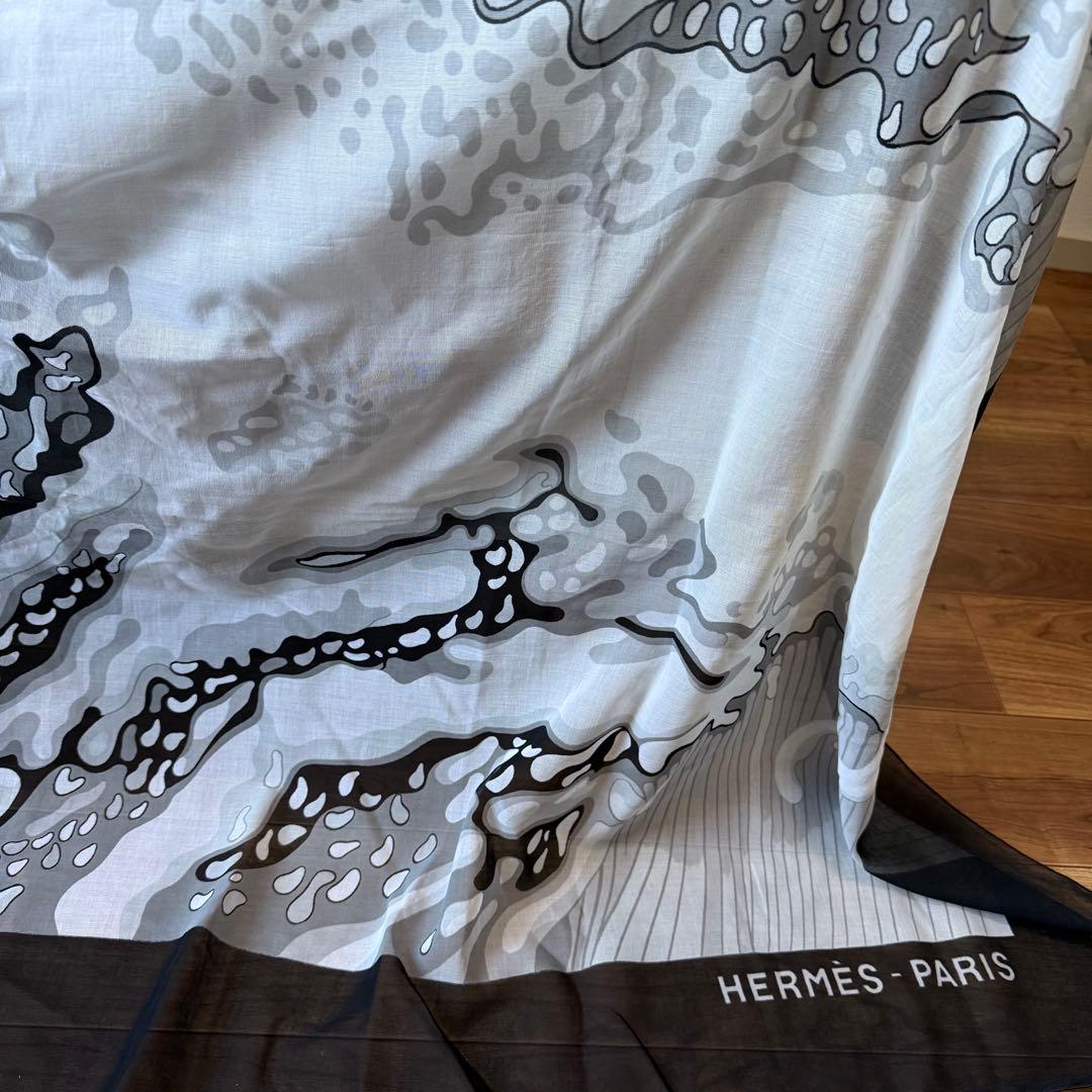 エルメス カレ ショール スカーフ ウェーブ柄 コットン ブラック 大判ストール