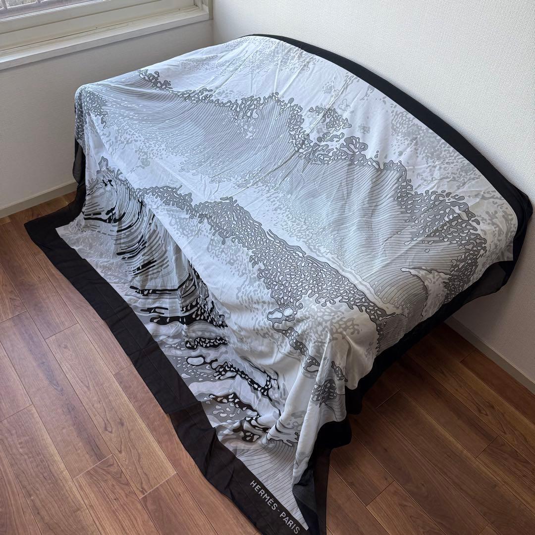 エルメス カレ ショール スカーフ ウェーブ柄 コットン ブラック 大判ストール