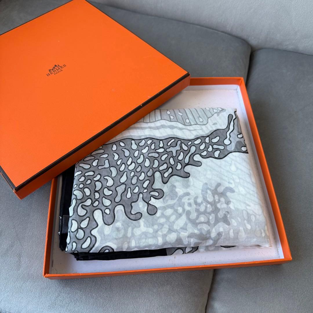 エルメス カレ ショール スカーフ ウェーブ柄 コットン ブラック 大判ストール