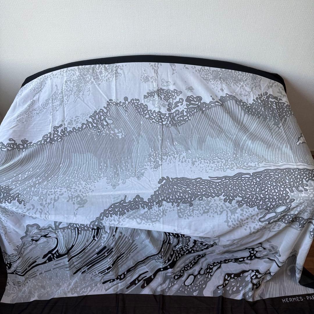 エルメス カレ ショール スカーフ ウェーブ柄 コットン ブラック 大判ストール