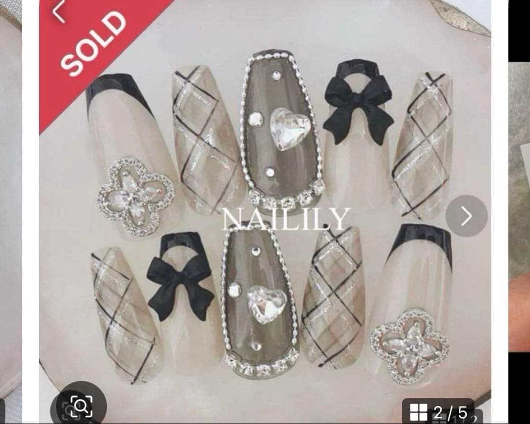 ネイルチップ ツイード リボン ビジュー ガーリー　韓国 量産型