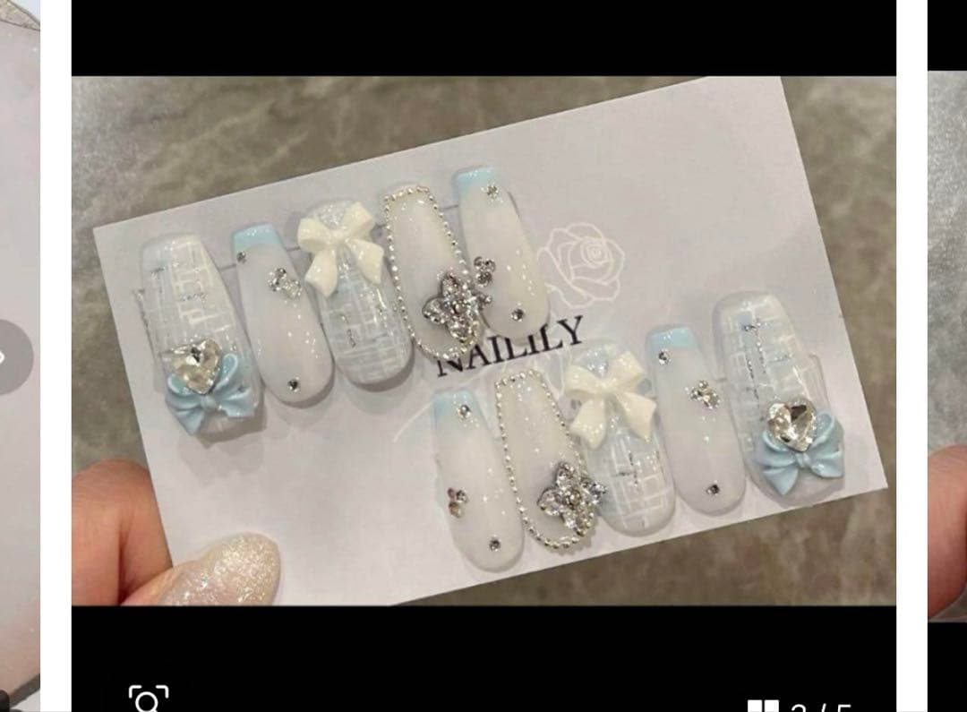 ネイルチップ ツイード リボン ビジュー ガーリー　韓国 量産型