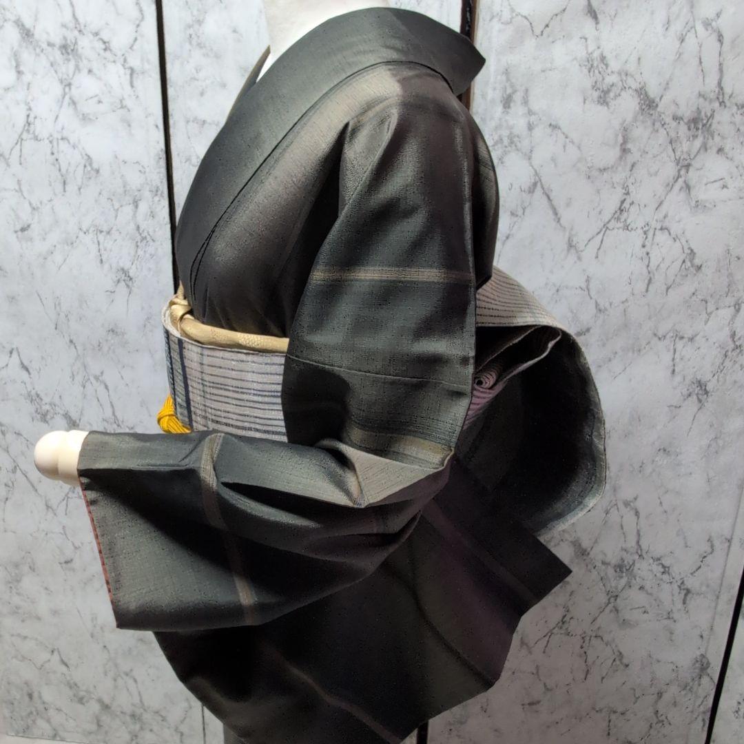 正絹大島紬小紋着物 　ストライプ　モスグリーン系色々