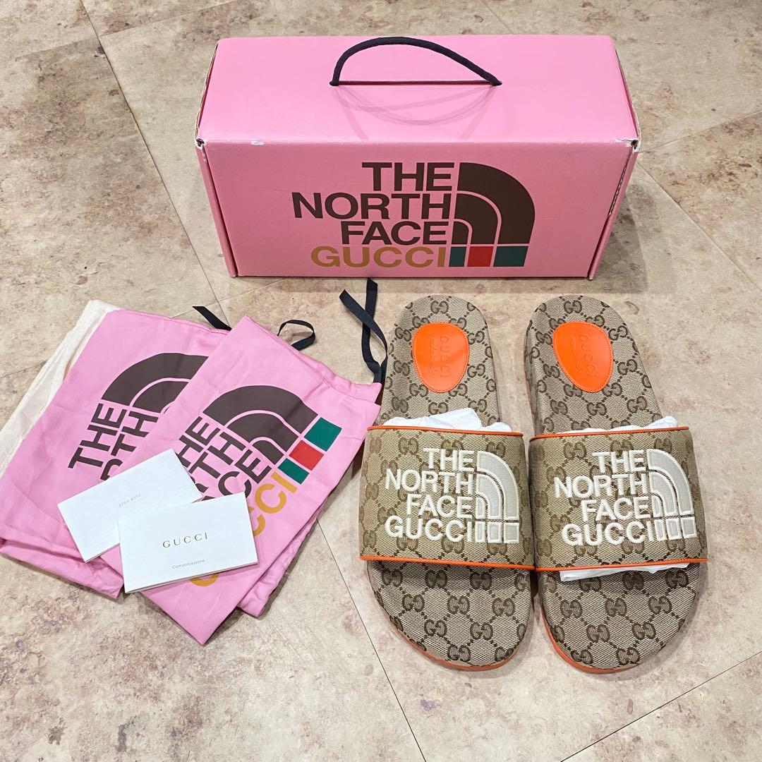 新品同様 グッチ ノースフェイス レザー GGモノグラム柄 サンダル 10