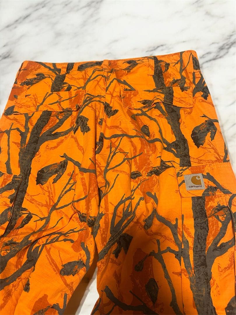 希少 Carhartt オレンジ ワークパンツ 木の枝と鳥プリント30/32