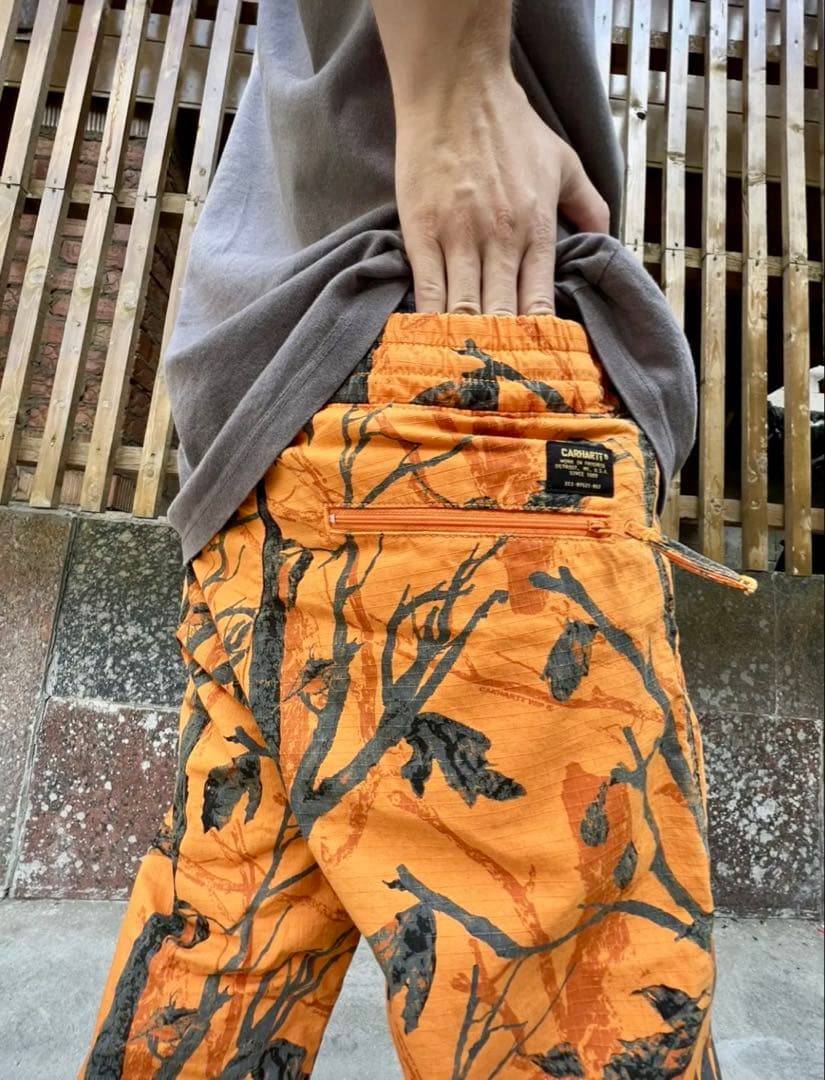 希少 Carhartt オレンジ ワークパンツ 木の枝と鳥プリント30/32