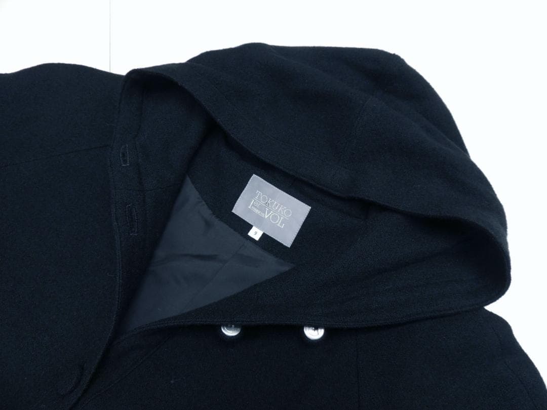トクコ プルミエヴォル 刺繍 ウール フード付き ロング コート 9号 ブラック