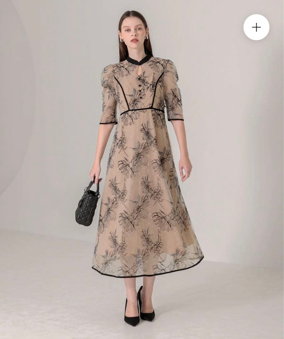 【Leja】配色パイピング プチハイネック 花柄刺繍 ラメレース ドレス 結婚式