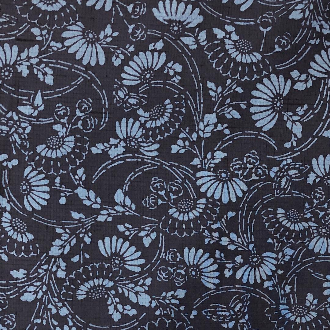 ☆ 単衣 紬 型染 蝶々 花模様 藍色 K-5266