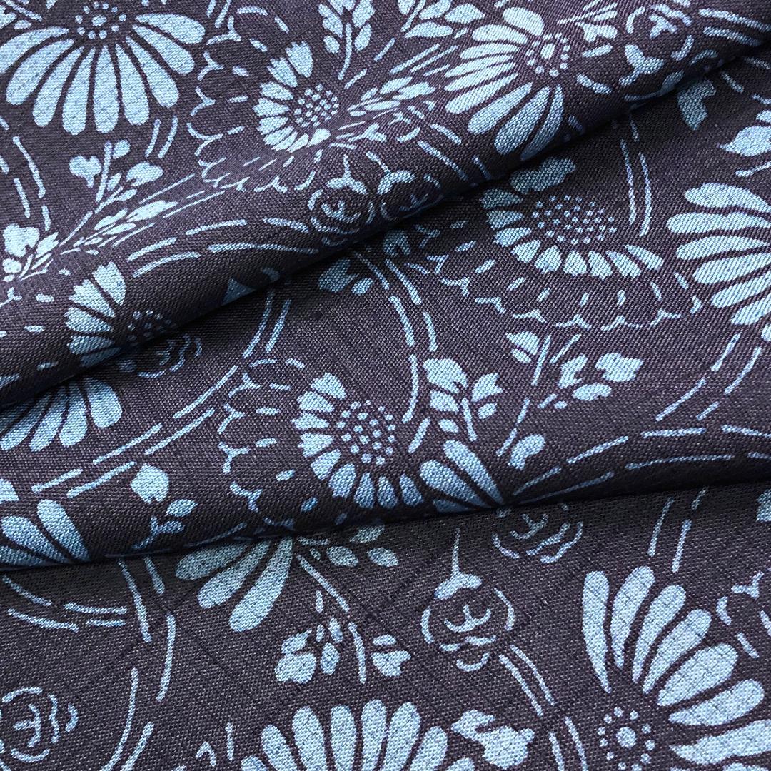 ☆ 単衣 紬 型染 蝶々 花模様 藍色 K-5266