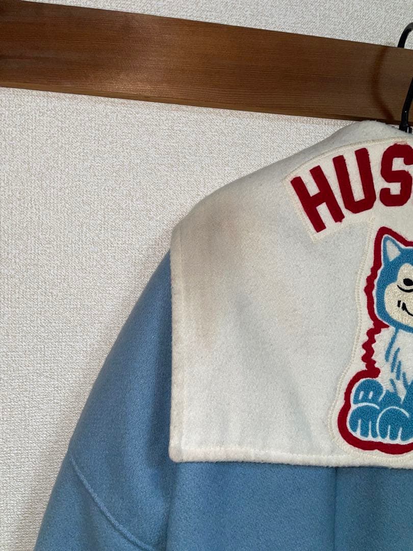 80s DeLONG 水色 HUSKIES 犬刺繍 セーラーカラー　スタジャン