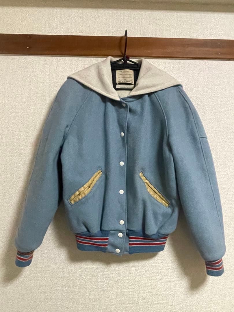 80s DeLONG 水色 HUSKIES 犬刺繍 セーラーカラー　スタジャン