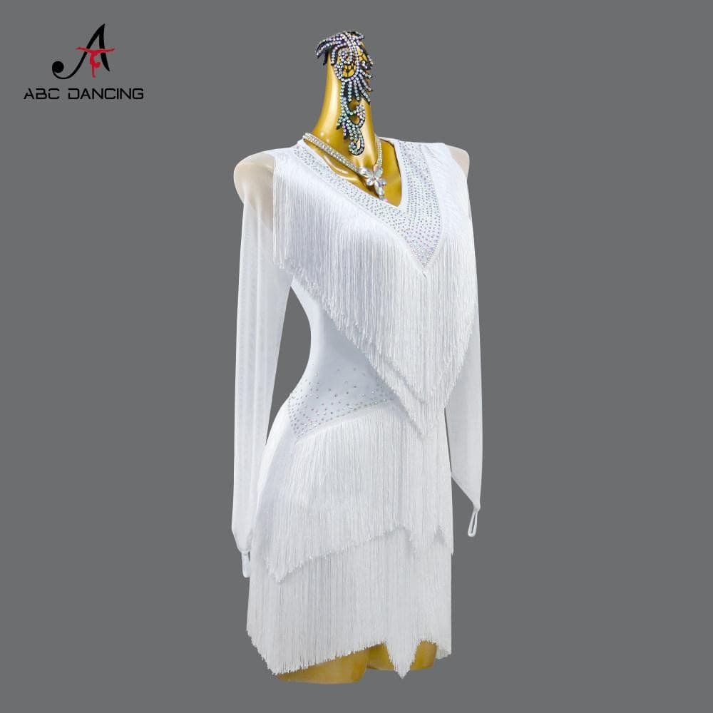 社交ダンス衣装ラテンドレスホワイトキラキラフリンジ競技会デモ