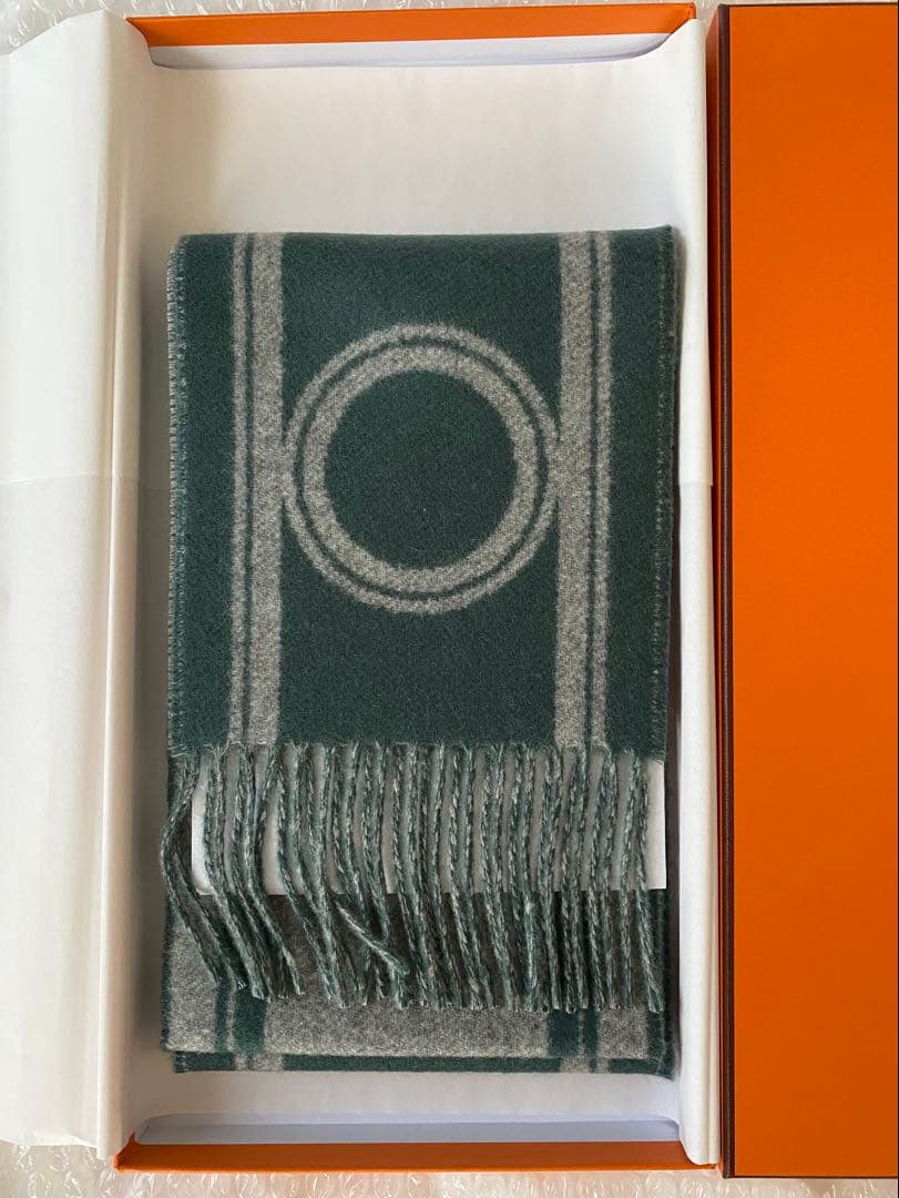 エルメス　マフラー　カシミヤ　バンドドゥレポ　グリフランネル　バイカラー　シプレ