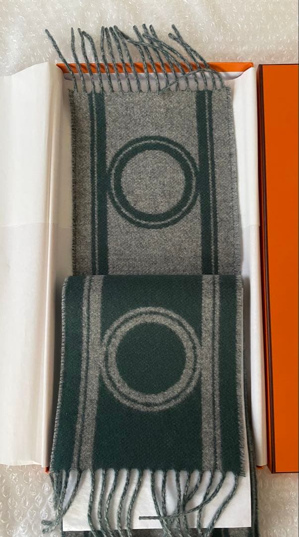 エルメス　マフラー　カシミヤ　バンドドゥレポ　グリフランネル　バイカラー　シプレ