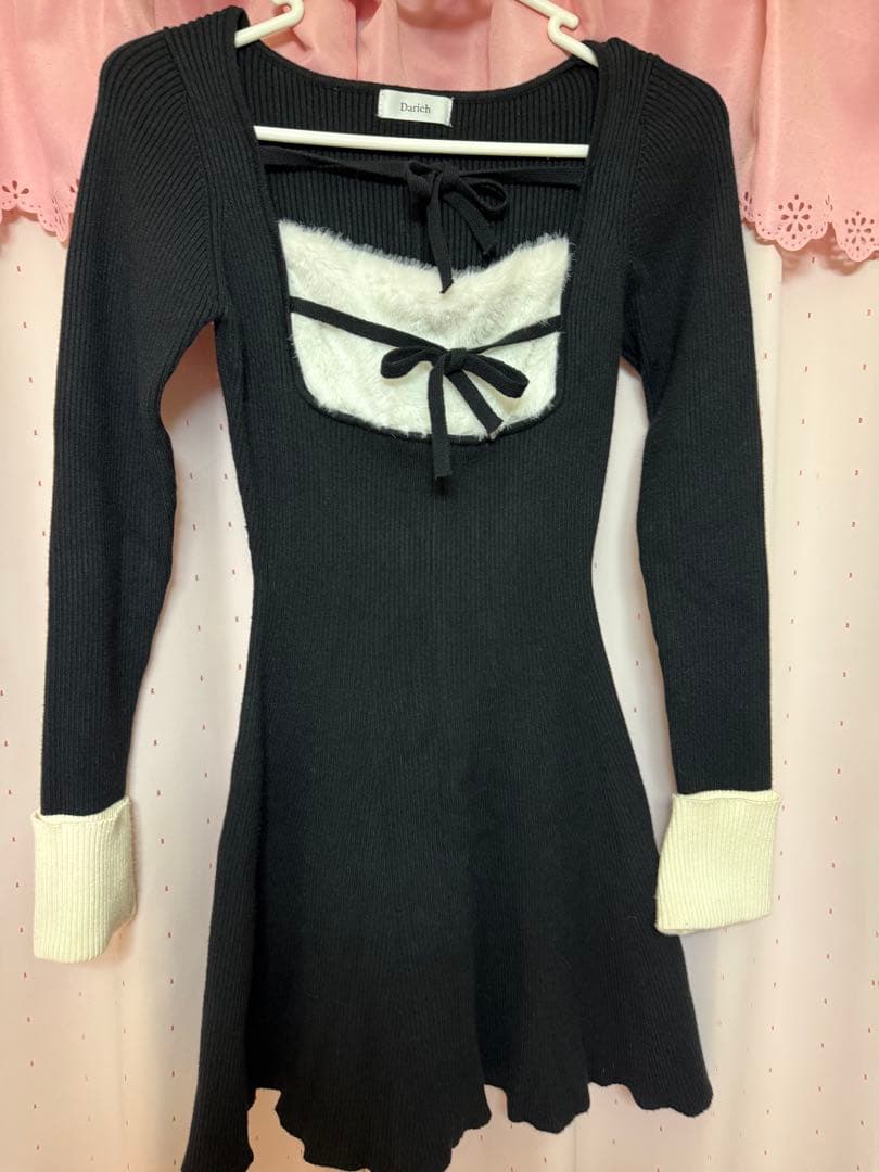 darich リボンファーフレアニットミニワンピース