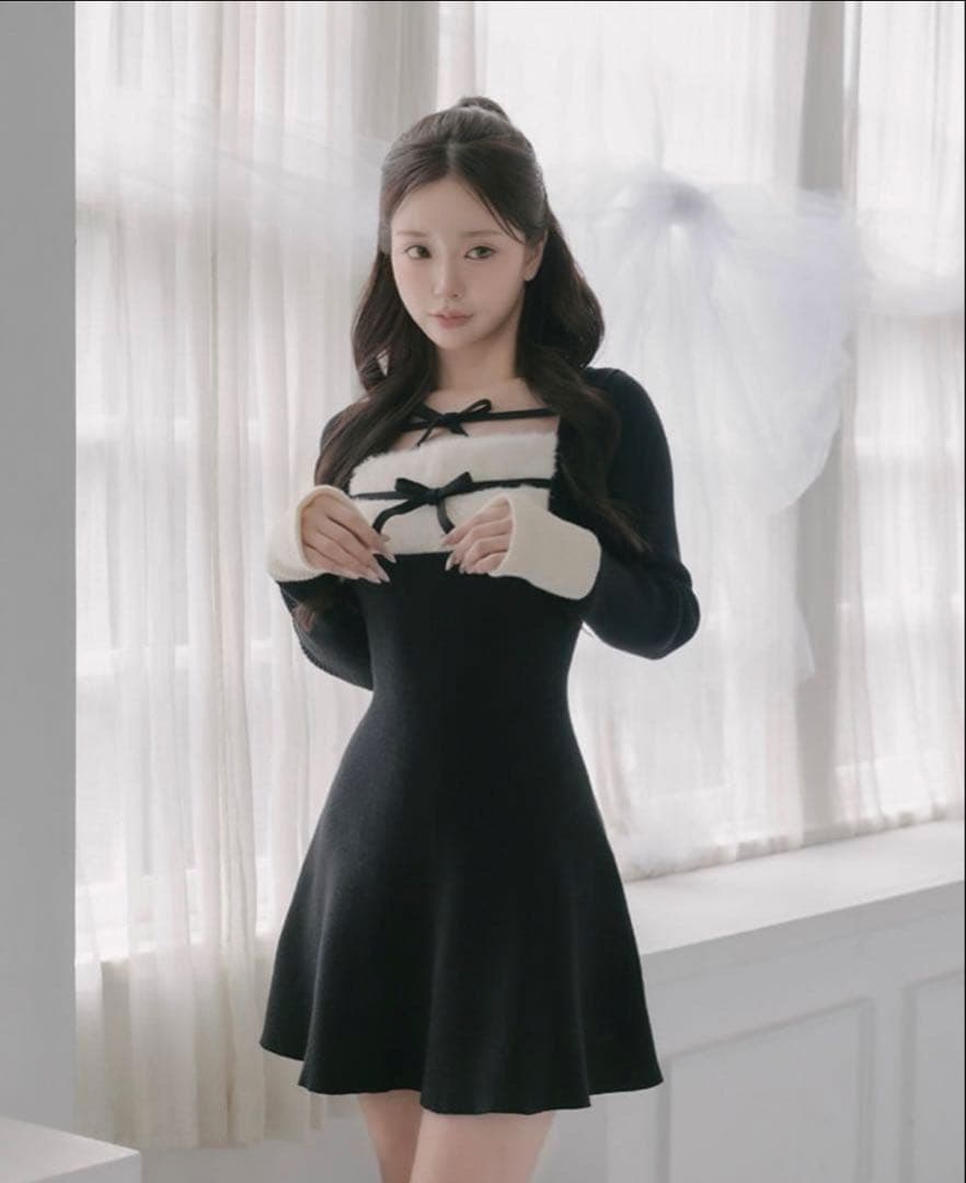 darich リボンファーフレアニットミニワンピース