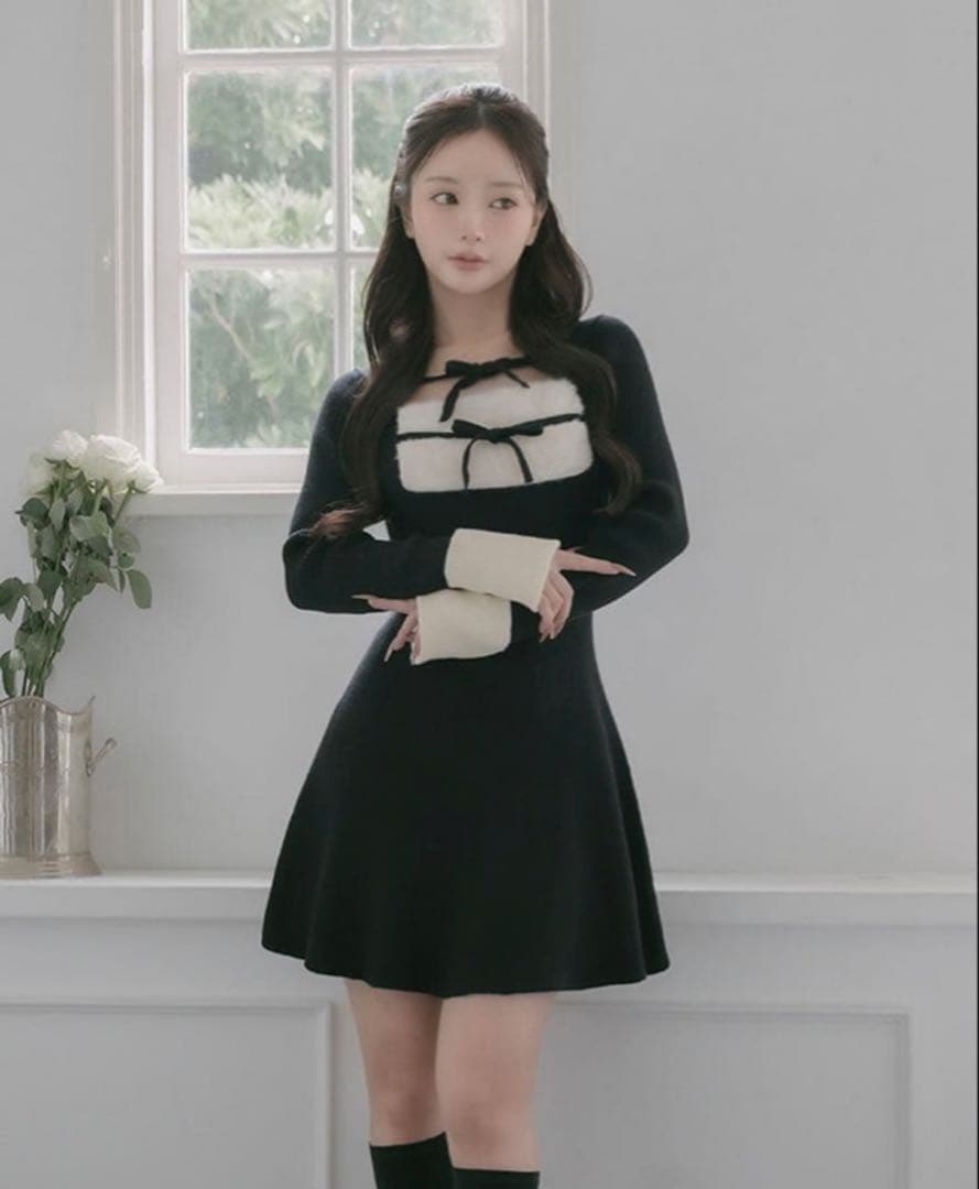 darich リボンファーフレアニットミニワンピース