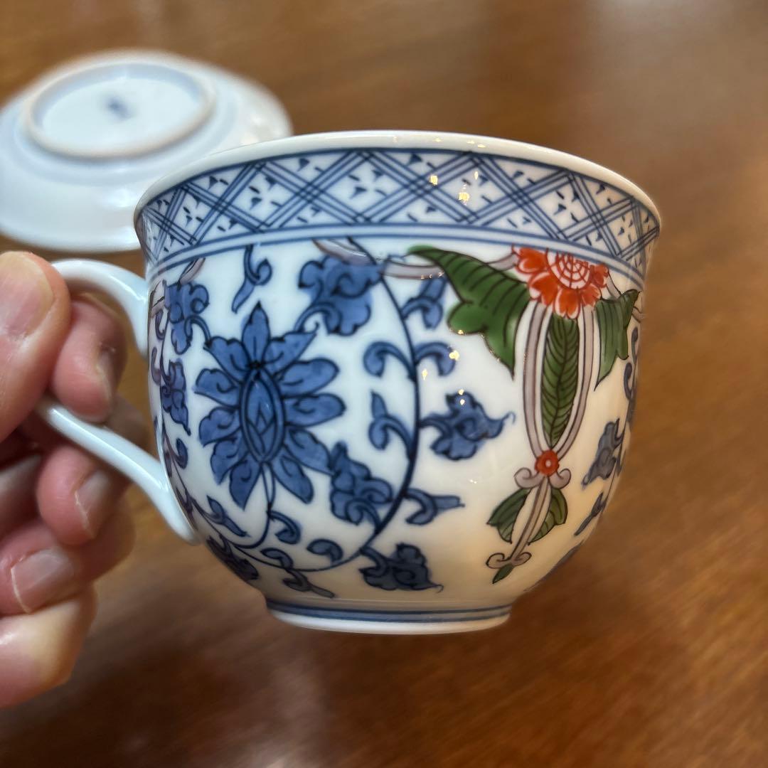 源右衛門　染錦三方割唐草 カップアンドソーサー 2客