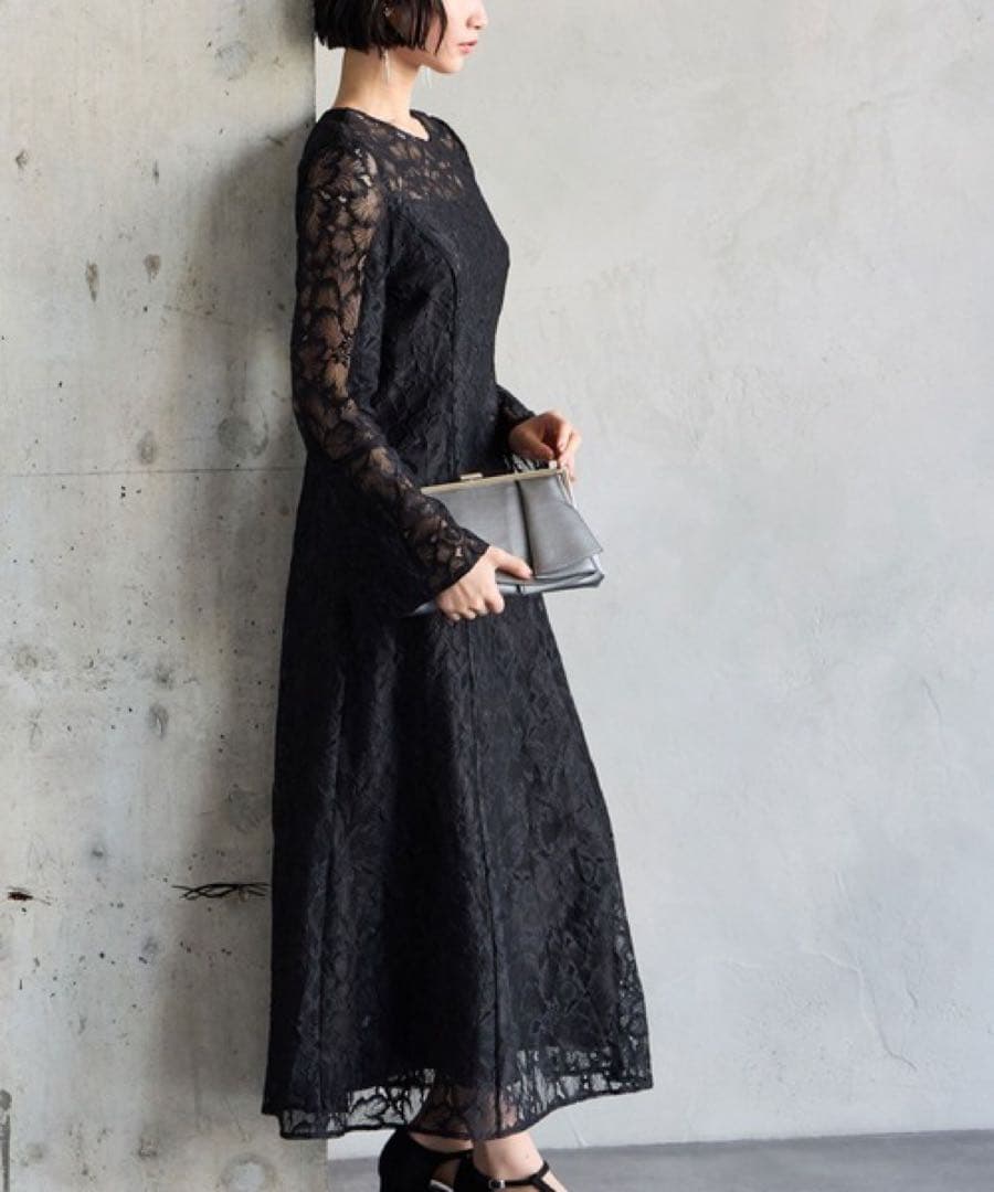 新品タグ付き ブラックレースロングドレス