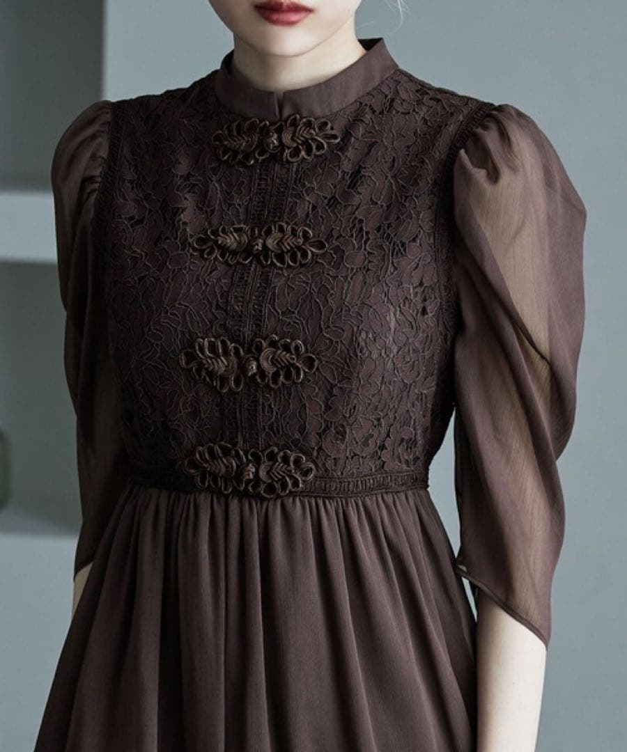 etoll.　ドレス　チャイナモチーフフレアドレス　ブラウン　オケージョン　M