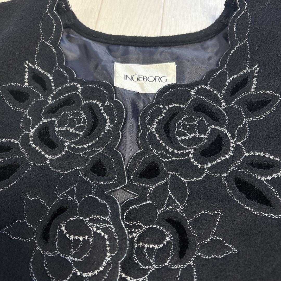 未使用 インゲボルグ アンゴラ混 フォーマル ジャケット バラ 刺繍 ブラック