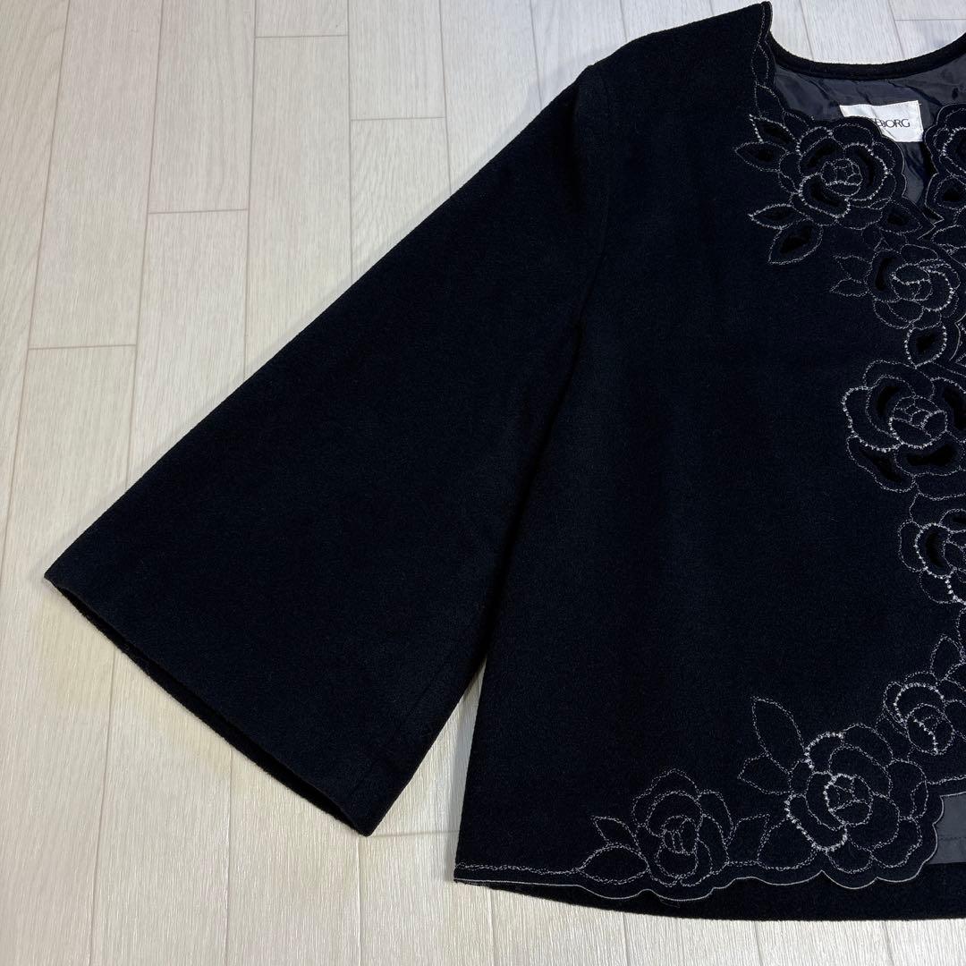 未使用 インゲボルグ アンゴラ混 フォーマル ジャケット バラ 刺繍 ブラック