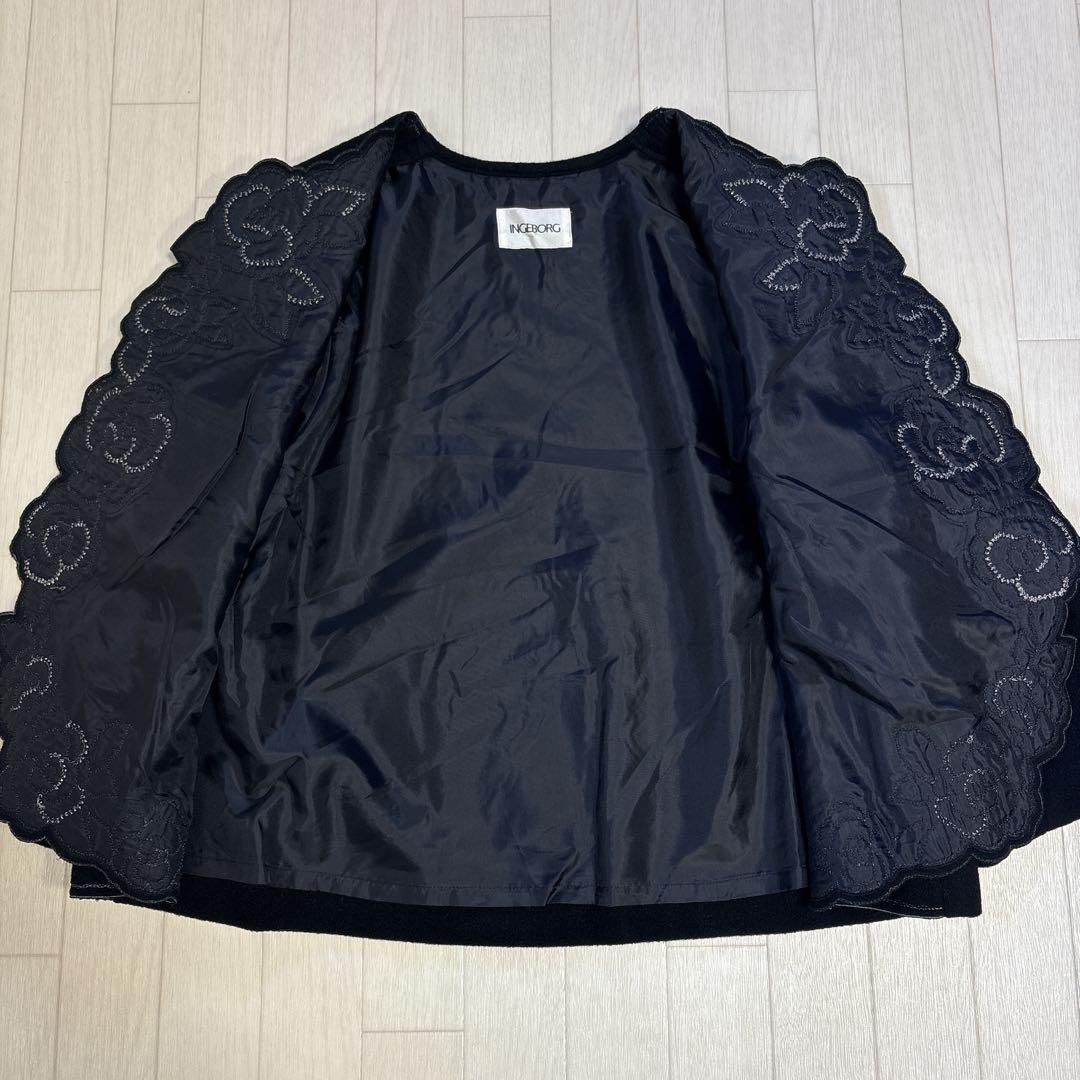 未使用 インゲボルグ アンゴラ混 フォーマル ジャケット バラ 刺繍 ブラック