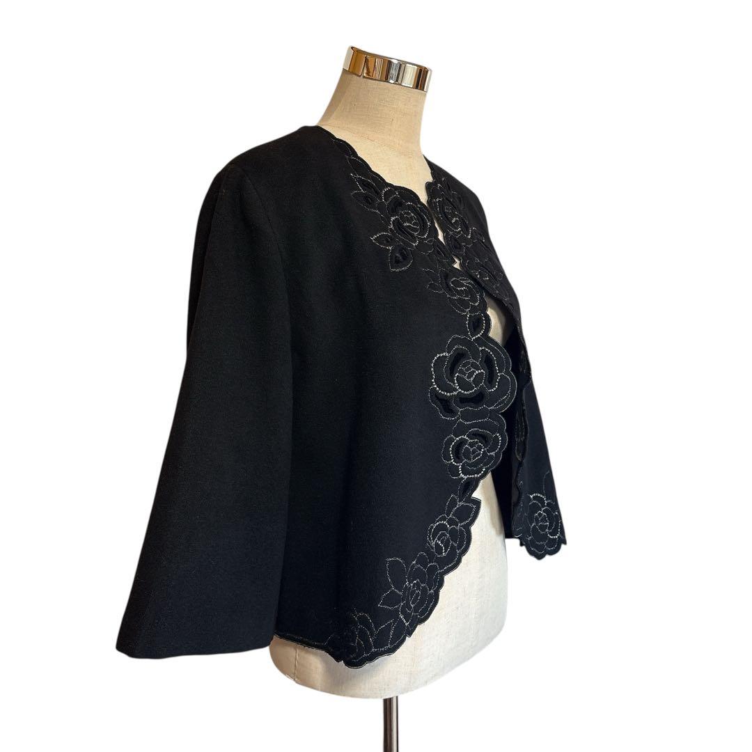 未使用 インゲボルグ アンゴラ混 フォーマル ジャケット バラ 刺繍 ブラック