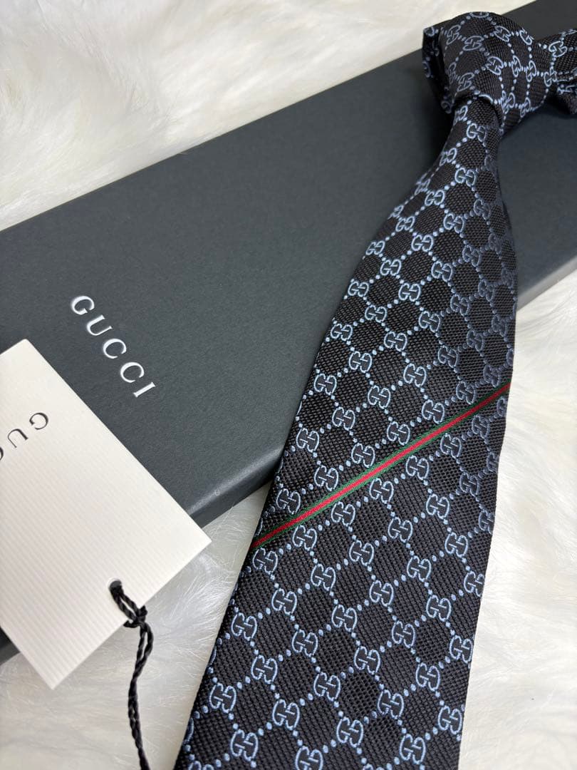 新品未使用】 GUCCI グッチ ネクタイ ブラック タグ GG シェリーライン