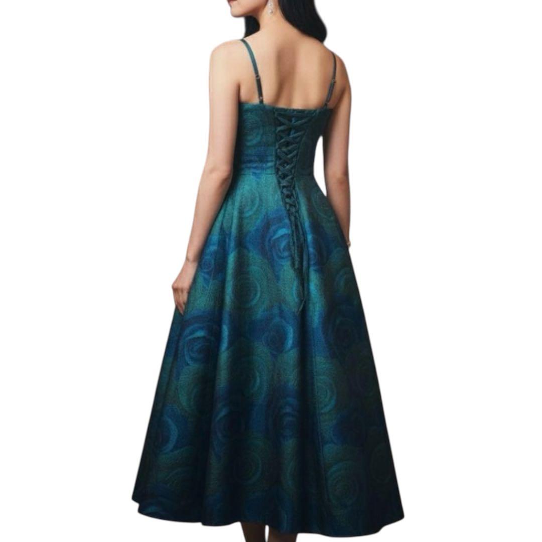 美品 ジュネビビアン パーティドレス　ローズ柄　ジャガード ブルー　グリーン M