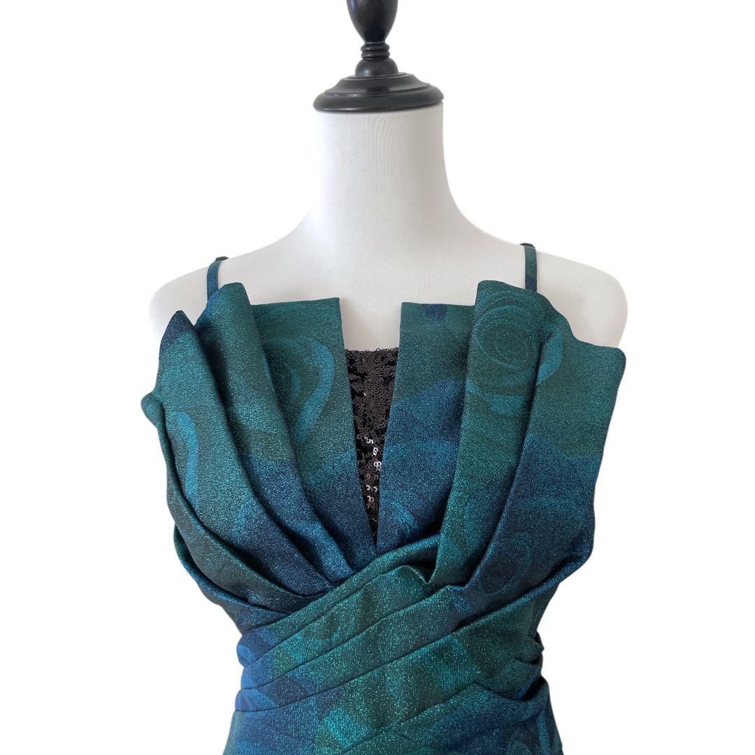 美品 ジュネビビアン パーティドレス　ローズ柄　ジャガード ブルー　グリーン M