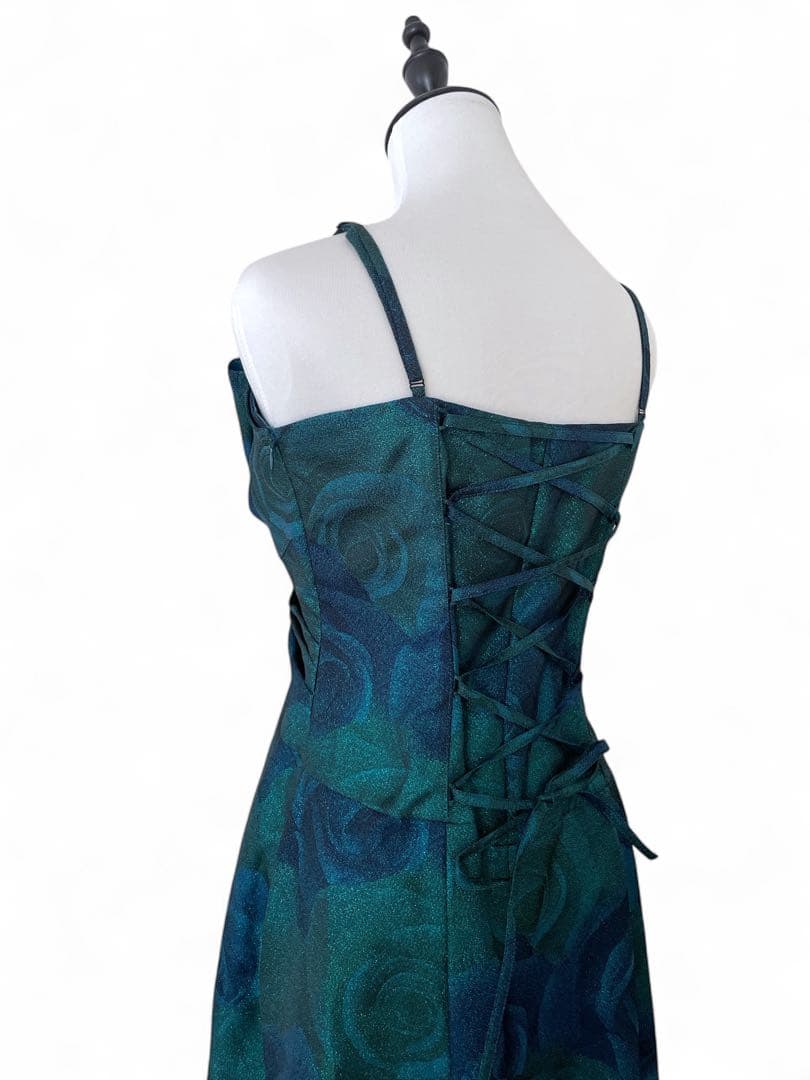 美品 ジュネビビアン パーティドレス　ローズ柄　ジャガード ブルー　グリーン M
