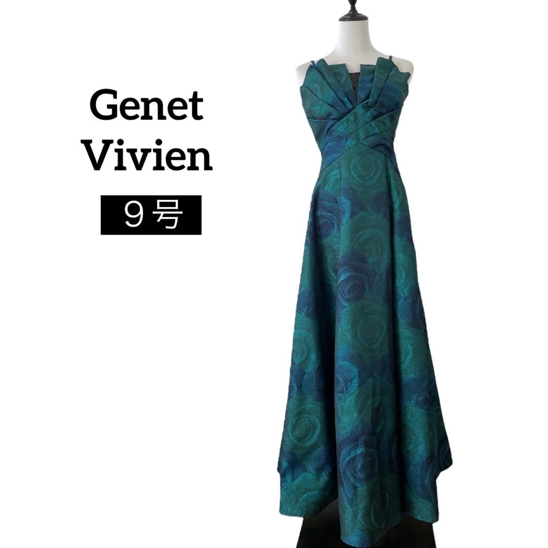 美品 ジュネビビアン パーティドレス　ローズ柄　ジャガード ブルー　グリーン M