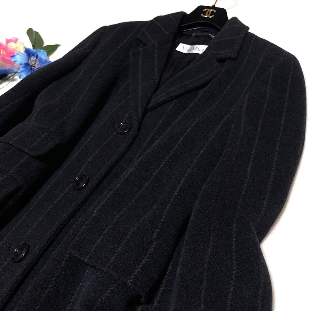 新品未使用　白タグ　マックスマーラ　チェスターコート　ストライプ　ハイロング　黒