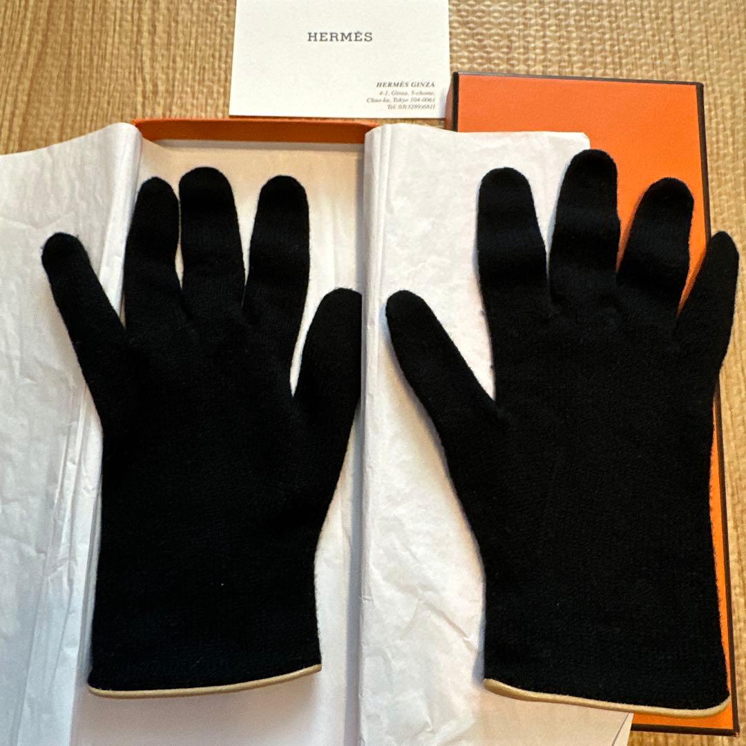 HERMES カシミヤ 羊革 手袋 S ブラック