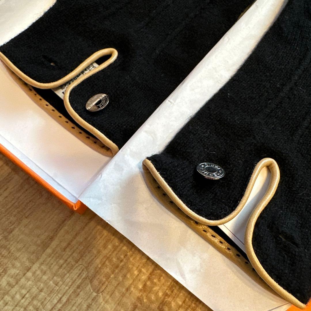 HERMES カシミヤ 羊革 手袋 S ブラック