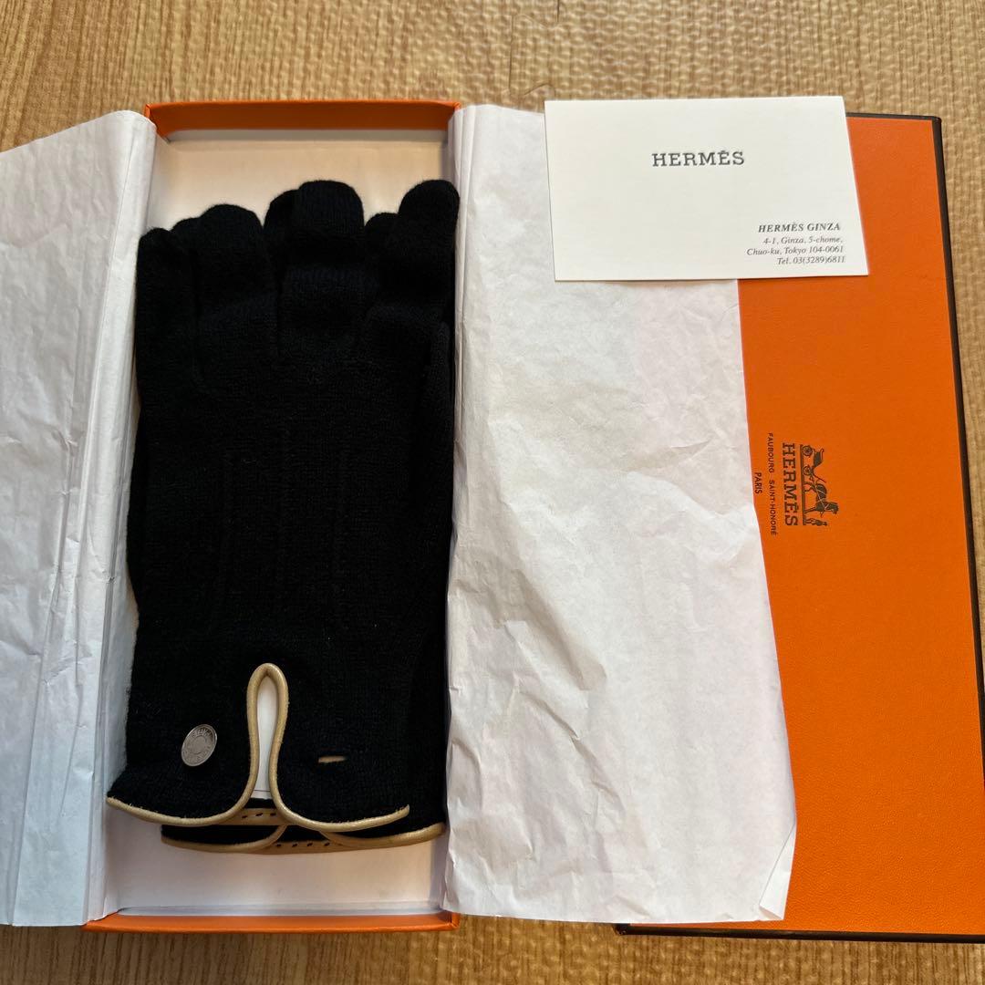 HERMES カシミヤ 羊革 手袋 S ブラック