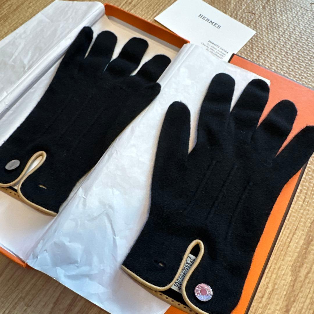 HERMES カシミヤ 羊革 手袋 S ブラック