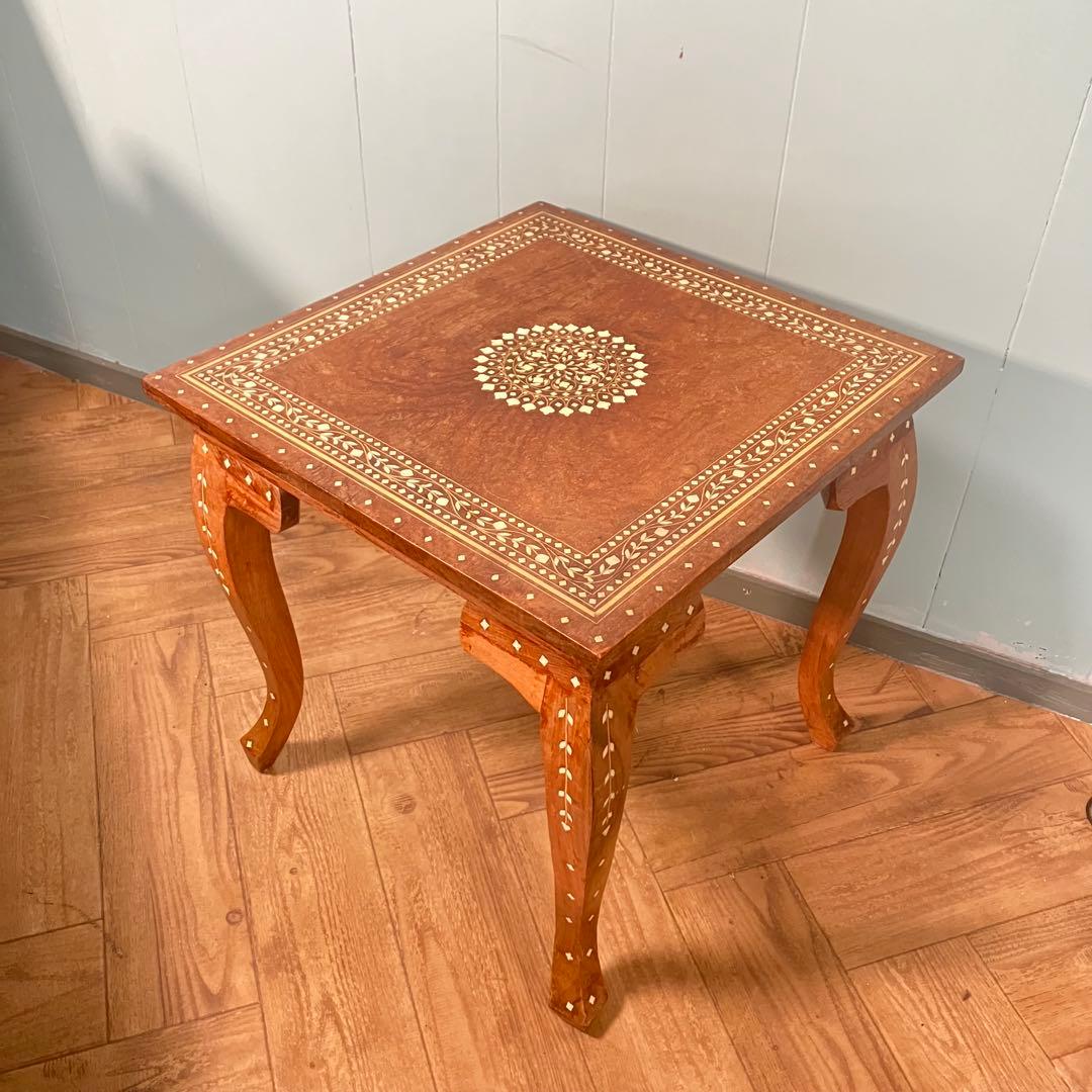 素敵 アンティーク 象嵌デザイン スクエア型 木製サイドテーブル ビンテージ品