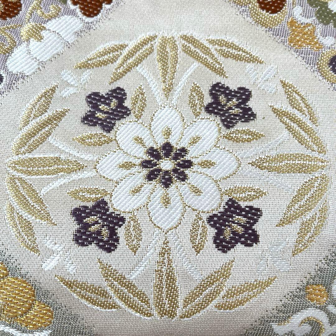 袋帯 西陣錦織 正絹 菱文 松竹梅 桐 菊など ベージュ系 控えめ金 長尺 美品