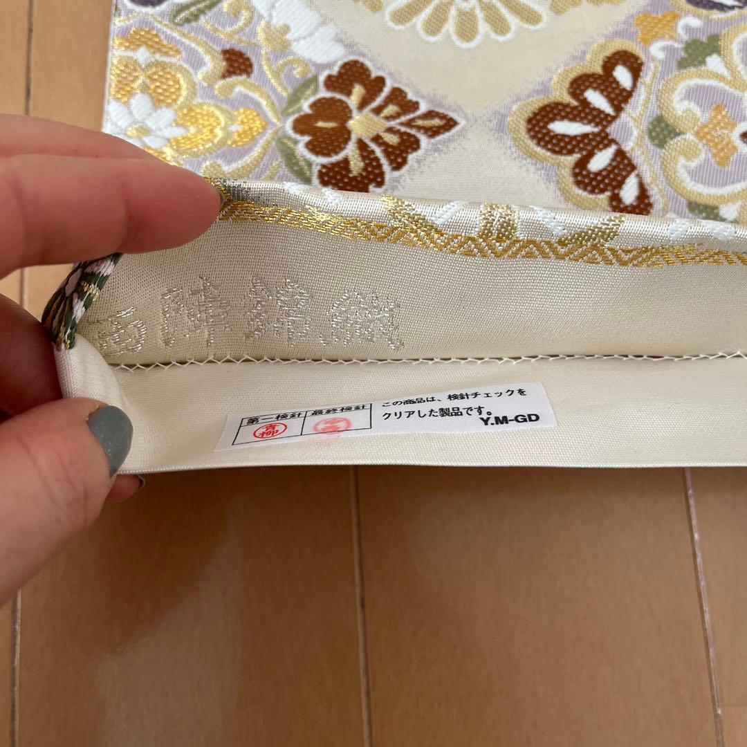 袋帯 西陣錦織 正絹 菱文 松竹梅 桐 菊など ベージュ系 控えめ金 長尺 美品