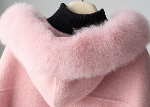 新品 フード付きフォックス衿☆優しい雰囲気のカシミヤ混ウール ロングコート