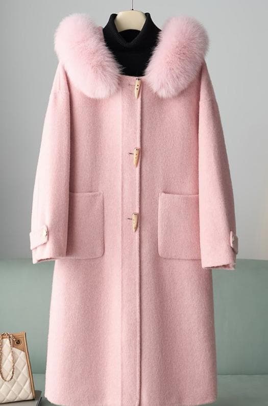 新品 フード付きフォックス衿☆優しい雰囲気のカシミヤ混ウール ロングコート