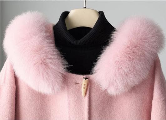 新品 フード付きフォックス衿☆優しい雰囲気のカシミヤ混ウール ロングコート